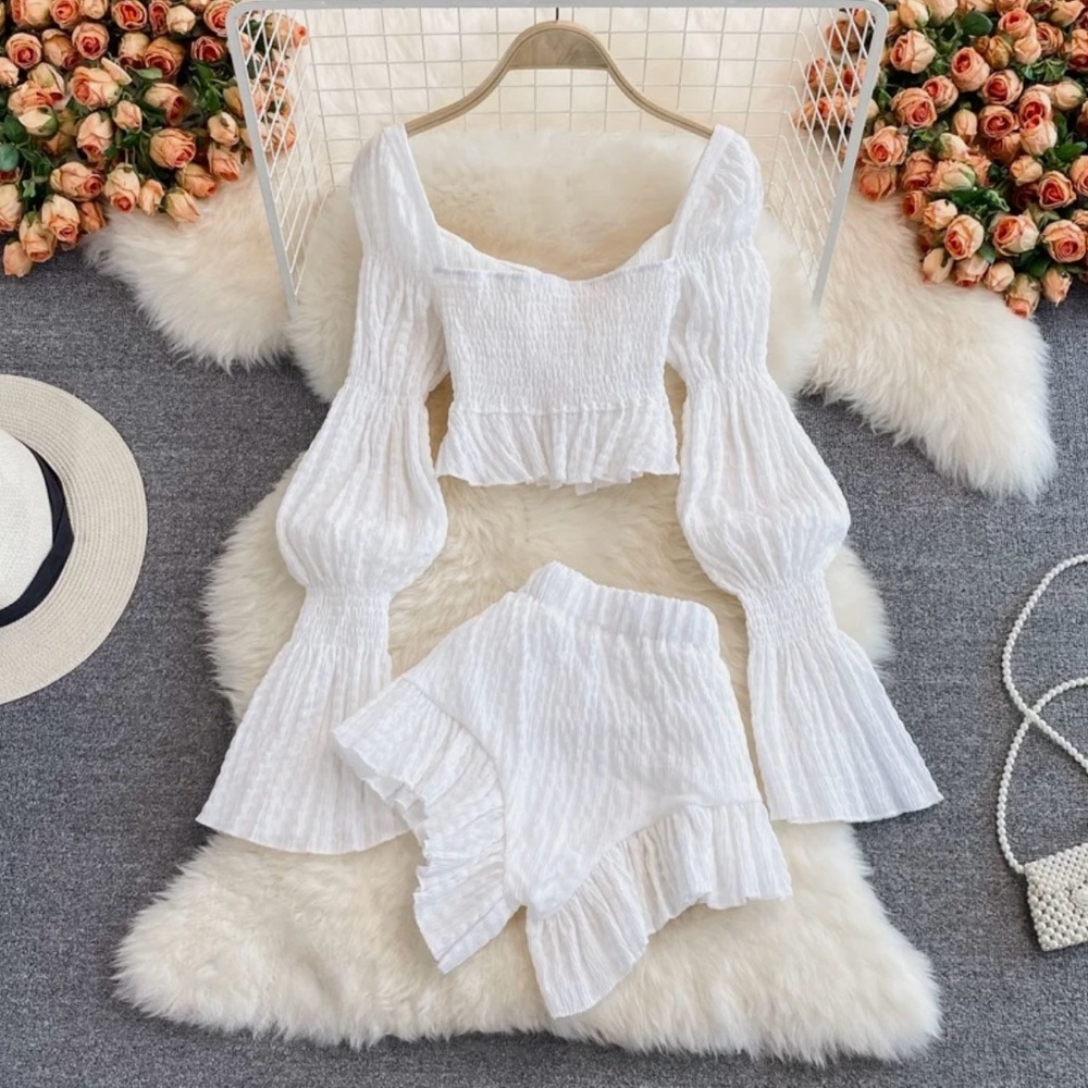 Elegant White Ruffled Short Set